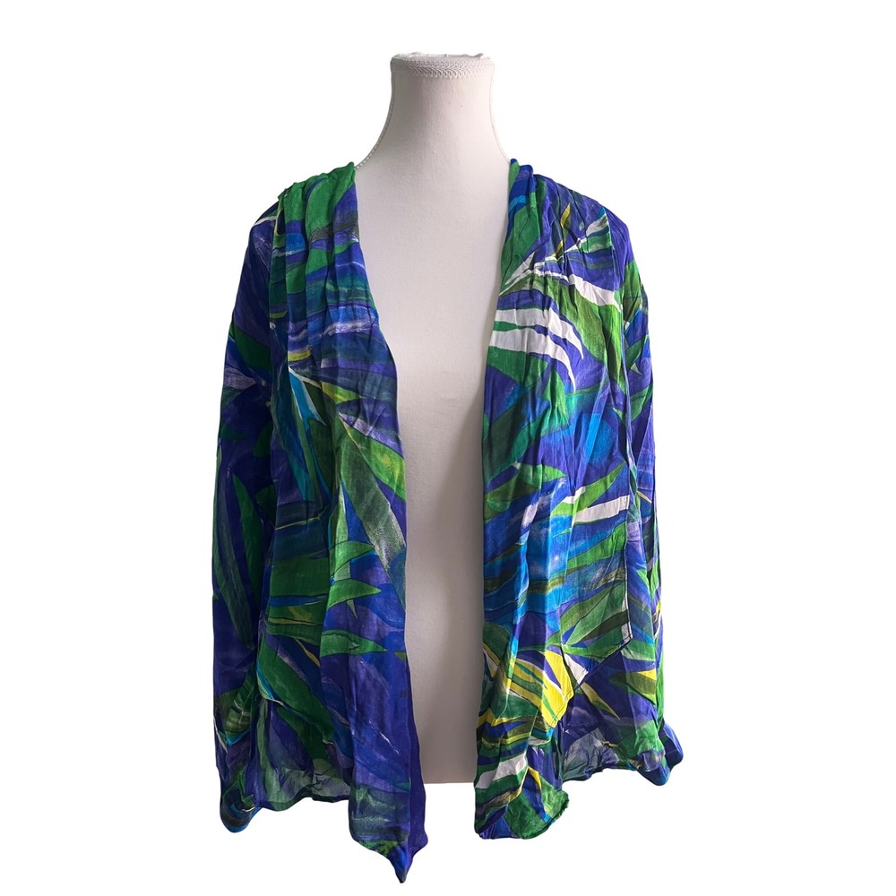 Dorothy Schoelen Platinum Womens Blue Green Leaf Print layered Kimono Cardigan M